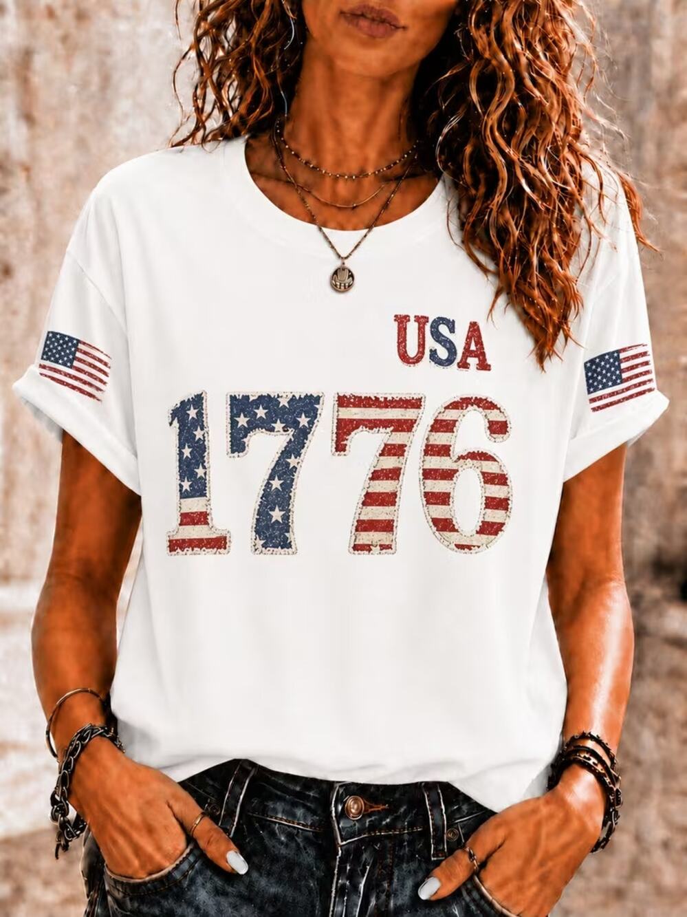 White USA America T-Shirt 250th Birthday US Flag Crew Casual We The People
